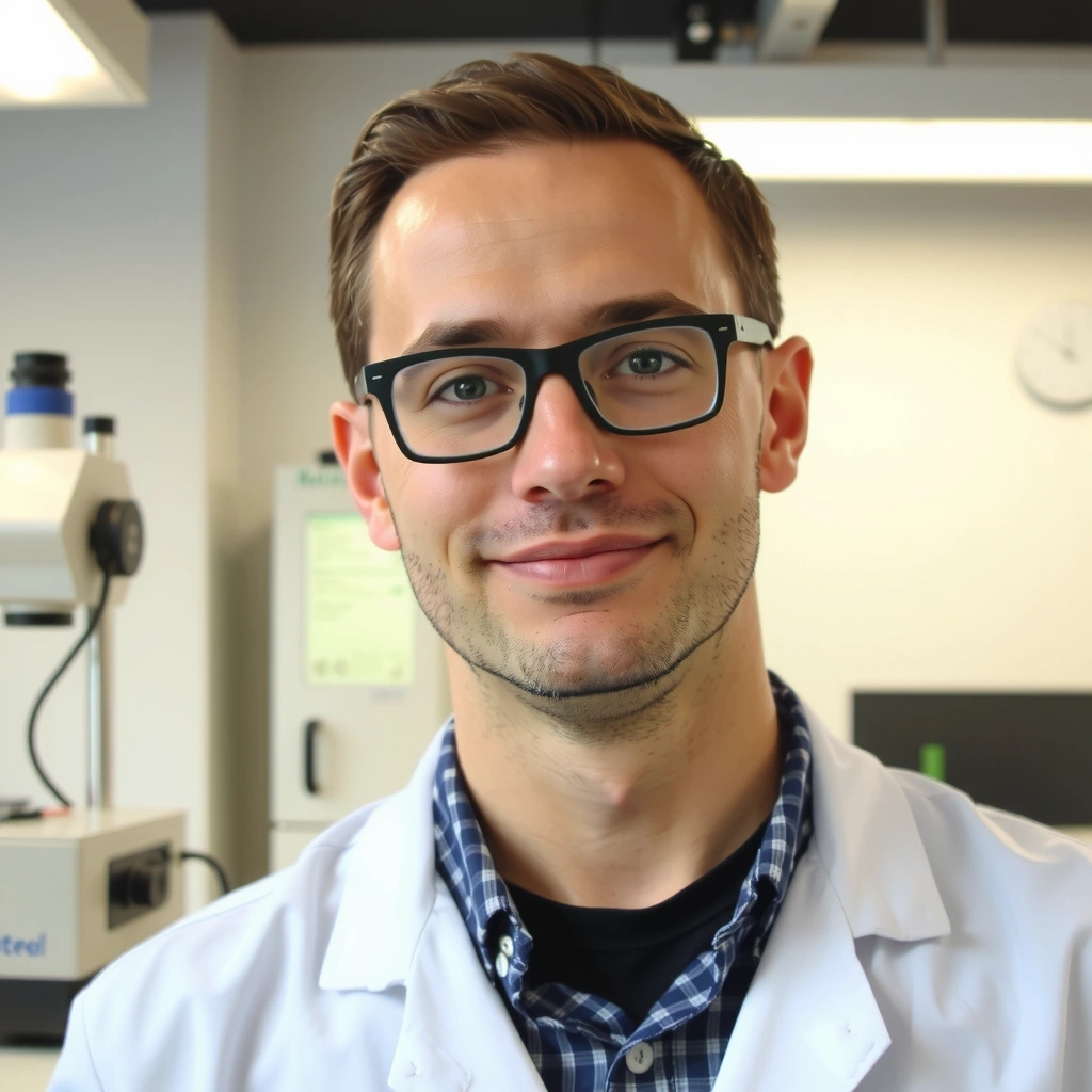 Portrait of Marcus Thorne, a thoughtful and experienced product development manager, with a focused expression. He is in a clean, modern lab setting with blurred equipment in the background.