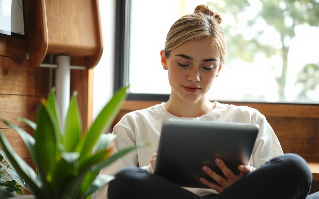 Person reading a blog on a tablet amidst natural elements