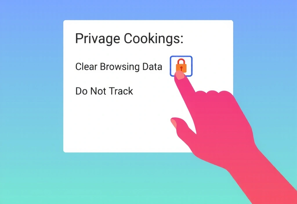 Illustration of a hand interacting with a browser's privacy settings, showing options to manage cookies, with a small lock icon for security.