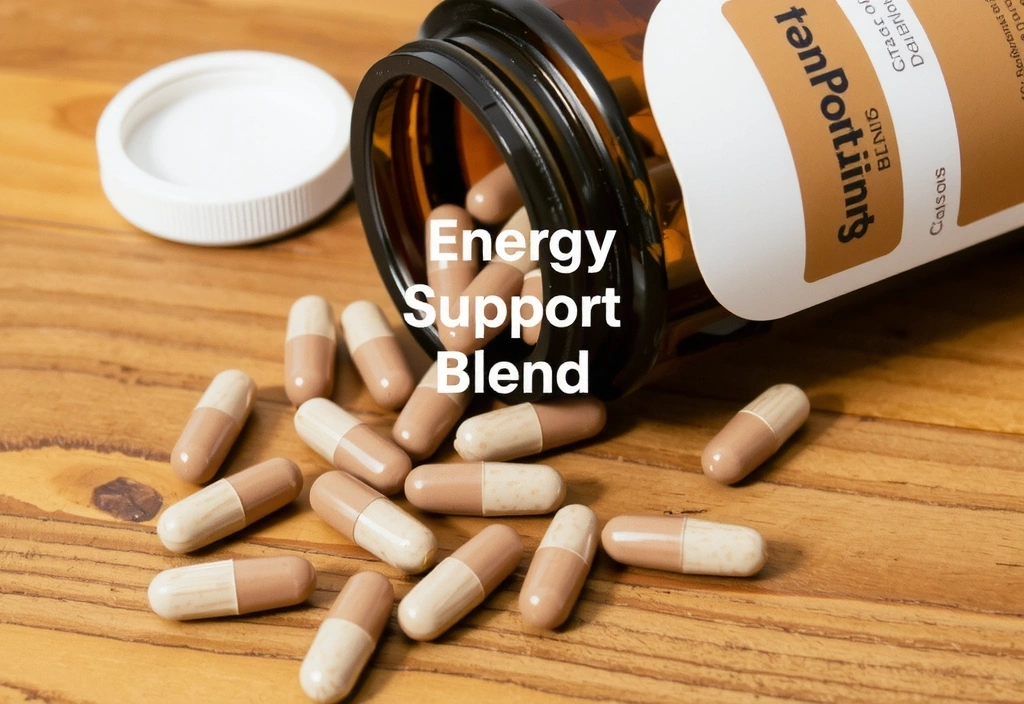 Stylized image of 'Energy Support Blend' capsules spilling from a bottle onto a wooden surface, highlighting the natural origin.
