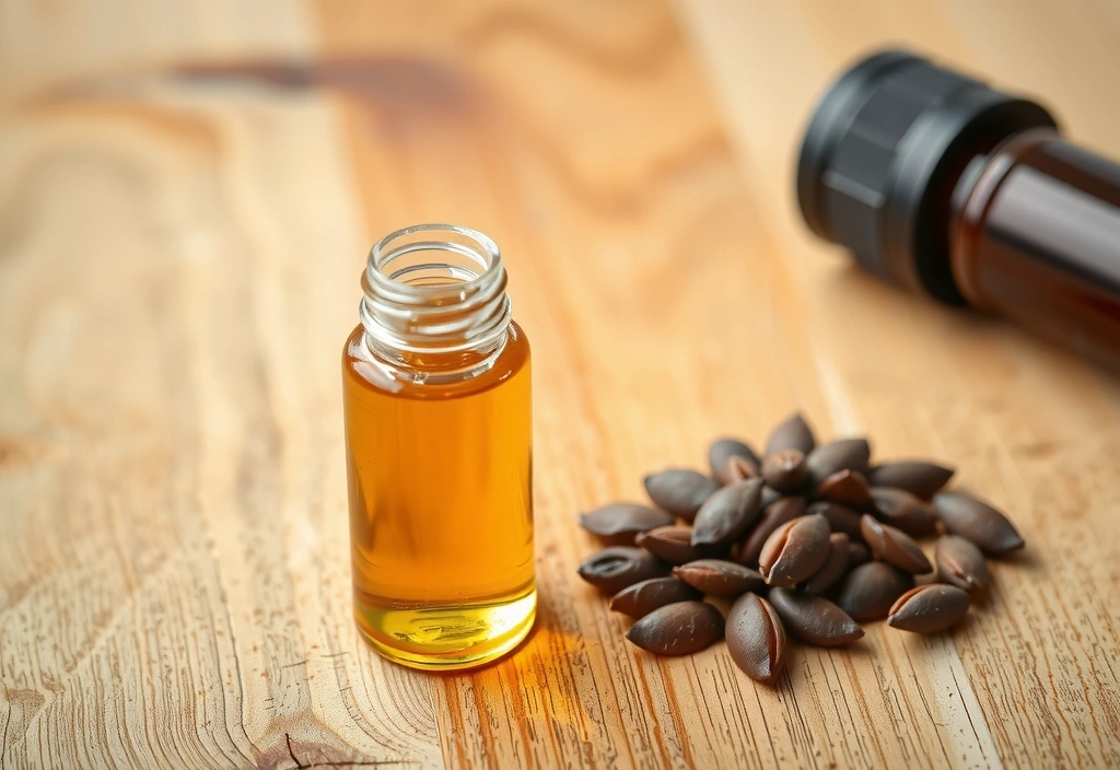 Jojoba oil in a dropper bottle with jojoba seeds