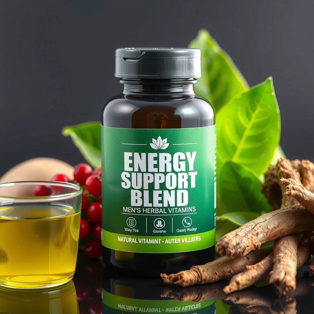 A bottle of 'Energy Support Blend' men's herbal vitamins, with dynamic lines and a glowing aura, set against a backdrop of invigorating green tea leaves, guarana berries, and rhodiola rosea roots, symbolizing sustained energy and mental clarity. No text on the bottle or image.