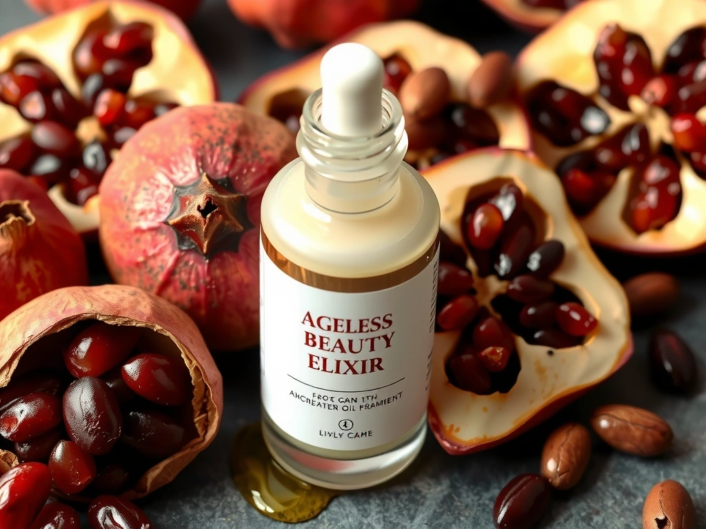 A bottle of Ageless Beauty Elixir, with a dropper, surrounded by exotic anti-aging ingredients like argan oil and pomegranate seeds.